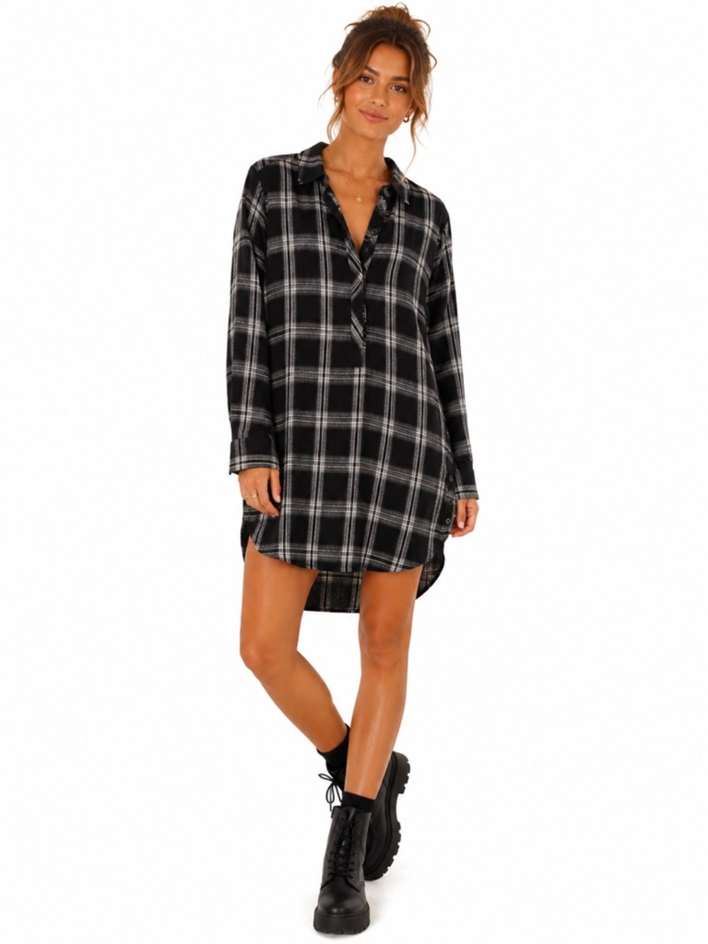 RW & Co Plaid Tunic Shirt Dress Black White Check NWT Size Small Casualcore